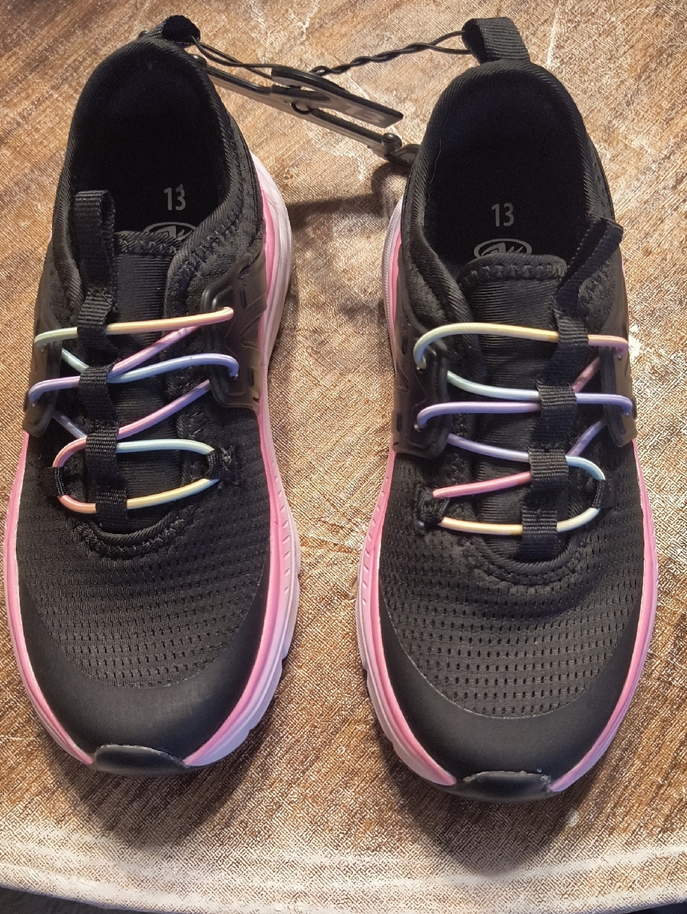 Black & Pink Kids Athletic Sneakers with Rainbow Elastic Laces